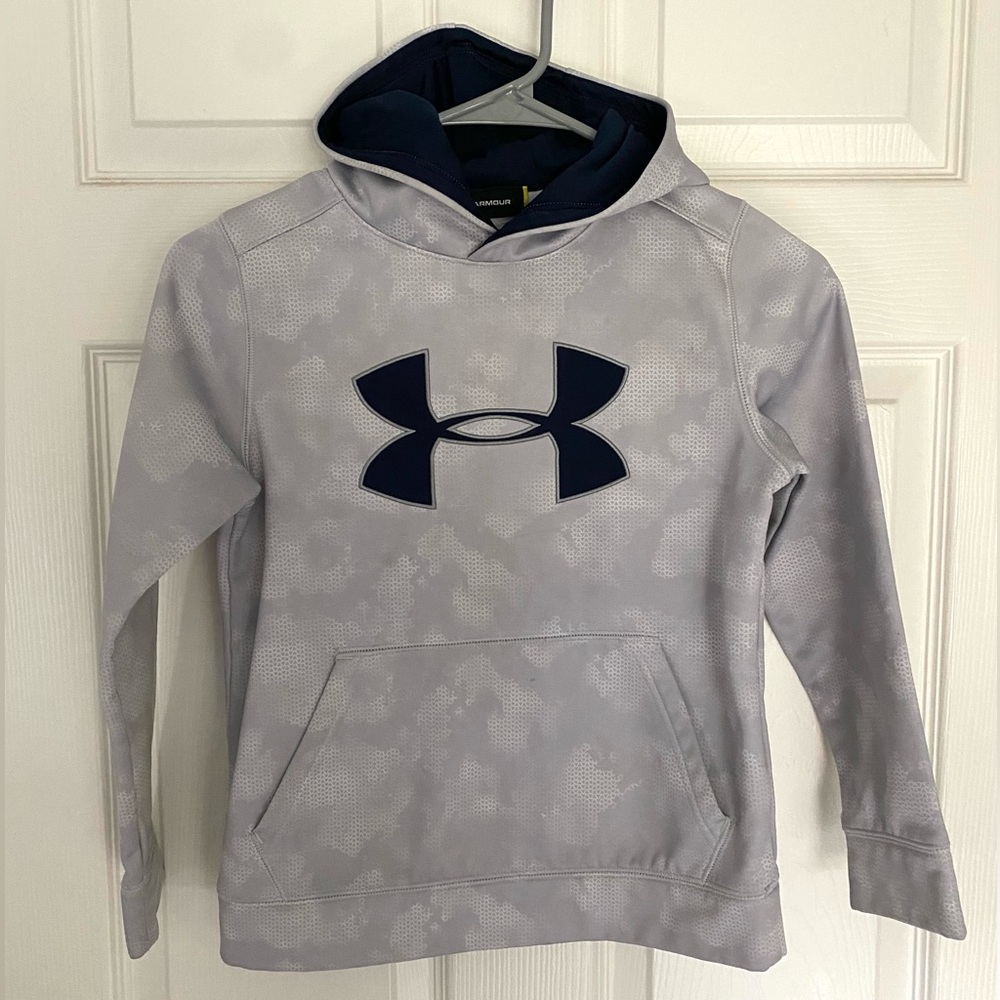 Boys Under Armour Pullover Hoodie Youth Small Gray Sweatshirt Kangaroo Pocket